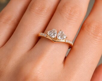 Romantic Design 2 Heart Moissanite Gemstone Ring- Inspired Heart Moissanite Engagement Ring- 14k Solid Gold Cute Heart Promise Ring For Wife