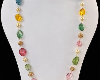 Gorgeous Look 24 Inch Lab Multi Tourmaline Tumble Necklace For Women-Stylish 14k Gold Plated Multi Tourmaline Pearl Necklace Gift Aniversary