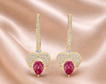 Natural Red Ruby Pear Dangle Earring In Gold-Romantic Ruby Earring For Women-IGI Ruby Drop Anniversary Earring Gift-Ruby Hoop Earring Gifts