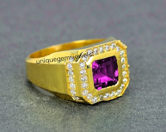 Shine Color Ring In Purple Sapphire Gemstone For Men's-14k Solid Gold Sapphire Wedding Ring-Cushion Sapphire Mens Silver Statement Ring Gift