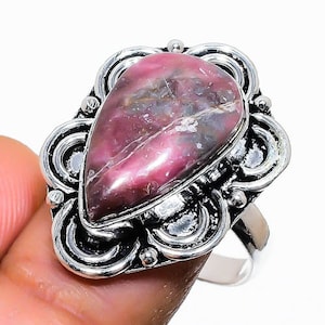 Anello con pietra preziosa Rodonite Art Déco, anello fatto a mano da donna con pietra preziosa, anello in argento Sterling 925, misura 8,5 USA, gioiello da sposa con anello in argento con rodonite.