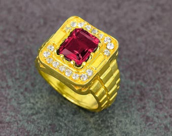 14k Gold Plated Octogen Red Ruby Ring For Men, Art Deco Ruby 925 Silver Premium Partner Ring Men's, July Ruby Birthstone Handmade Ring Gift.