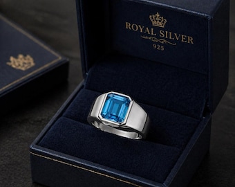 Gorgeous Swiss Blue Topaz Octogen Men Ring-925 Silver Swiss Topaz Octogen Signet Birthstone Ring-Men's 8x10mm Topaz Daily Wear Ring Gift.
