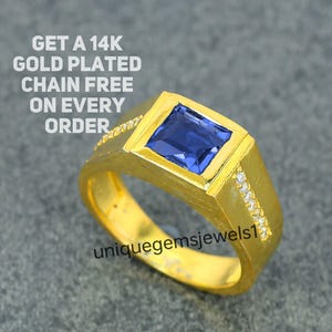 Anillo de sello de piedra preciosa de zafiro azul de lujo, anillo de zafiro en corte princesa bañado en oro, anillo de propuesta de piedra azul de plata 925, anillo para él.