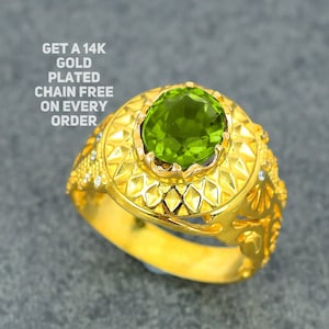 Stylish Gold Plated Peridot Gemstone Ring for Men, Unique Sterling Silver Jewelry, Classic Peridot Wedding Ring, Peridot Birthstone Ring.