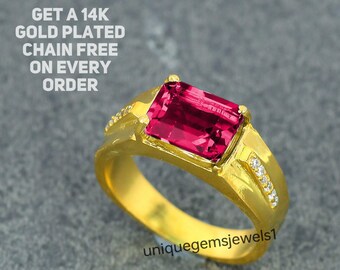 Pink Tourmaline Dainty Ring, Emerald Cut Tourmaline Ring, 925 Sterling Silver Men's Tourmaline, 18K Gold Plated, Gift for Her, Birthstone