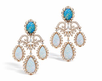 Luxury Design Lab Grown Blue White Fire Opal Earring For Women-925 Silver Opal Pear Oval Statement Hook Earring-Rose Gold Plated Opal Earing