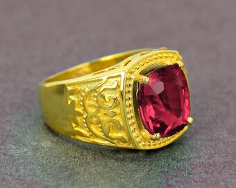 Gorgeous Ruby Gemstone Men's Ring-Ruby Statement 14k Gold Plated Ruby Engagement Ring-Fine Ruby Carving Design Radiant Men Ring-Ring For Dad
