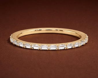 Luxury Baguette Moissanite Step Cut  Eternity Band 14k Yellow Gold-Handmade Stackable Wedding Moissanite Band-Anniversary Band Gift For Wife