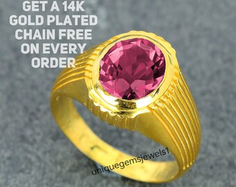 Handmade Pink Tourmaline Gemstone Gold Plated Ring For Men's, Tourmaline Pink Friendship Ring, 925 Silver Pink Gemstone Statemen Ring Gift.