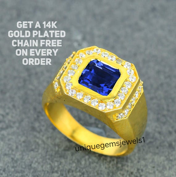 Bague Homme En Or Jaune 14 Carats Avec Saphir De Laboratoire Bleu Ovale - Taille Personnalisable, Fabriquée à La Main En Inde