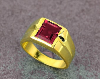 Elegant Red Ruby Octogen Gemstone Ring Men's, Art Deco Ruby 925 Silver Handmade Ring, Party Wear 14k Gold Plated Propose Solitaire Ring.