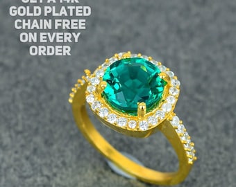 Vintage Lab Green Emerald Gemstone Ring, Women Emerald 14k Gold Plated Engagement Ring, Round Emerald Bridal Ring Set, Unique Emerald Ring.