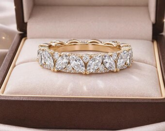 Luxury Marquise Moissanite Wedding Band- 14k Gold Leaf Style Ring Dainty Moissanite Anniversary Gift- Stackable Bridal Band For Wife.