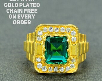 Lab Created Green Emerald Gemstone Ring, New Design Man 14k Gold Plated Engagement Band, Emerald Cut Signet Gemstone Father Day Ring Gift.