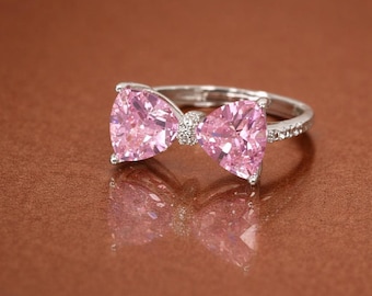 Pink Moissanite Heart Bow Ring-925 Sterling Silver Ring- Pink Moissanite Cute Bowknot Minimalist Ring Bridal- Dainty Pink Stone Ring For Her