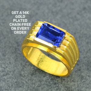 Anillo de sello con piedra preciosa de zafiro azul Art Deco, banda de zafiro de corte radiante para hombre, anillo de compromiso de piedra azul brillante para mujer, regalo perfecto para el padre.