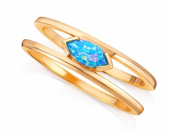 Gorgeous 2in Stay Lab Grown Blue Opal Gemstone Ring-925 Silver Marquise Opal Engagement Ring-Marquise Opal Double Band For Women-Gift Her.