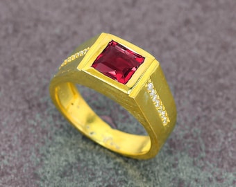Gemstone Wedding Ring Ruby Men, Handcrafted Ruby Gemstone Unique Ring For Men's, 7mm Square Ruby Men 925 Solid Silver Ring, Vintage Ring.