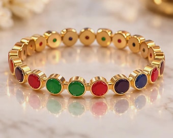 Vintage Multi Gemstone Band Handmade- Colorful Gemstone 14k Gold Plated Band For Anniversary Wedding- Luxury Style Rainbow Cabs Band Wife