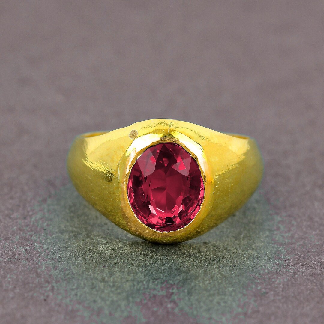 14k Gold Plated Solitaire Pink Ruby Gemstone Ring for Men, 8x10mm