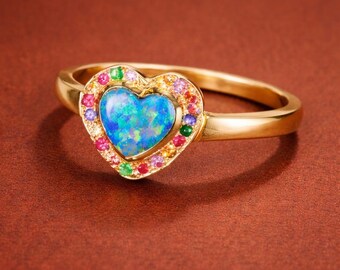 Amazing Blue Fire Opal Heart Gemstone Ring- 925 Solid Silver Opal Birthstone Ring- Romantic Heart Opal Engagement Ring-Minimalist Ring Her