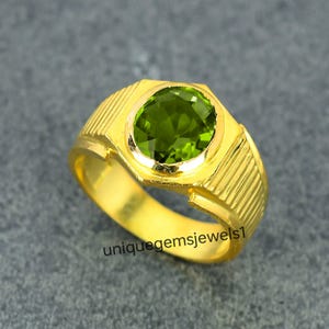 Natural Green Peridot Gemstone Gold Plated Ring, 8x10mm Oval Peridot 925 Silver Men&#39;s Ring, Men Successful Gemstone Ring, Jewelry For Him.