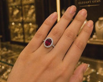 Natural Red Ruby Gemstone Engagement Ring-Oval Ruby IGI Wedding 925 Silver Ring-Gorgeous Ruby Women Birthstone Ring-Halo Statement Ring Ruby