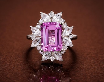 Beautiful Design Pink Sapphire Octogen Ring For Women-Pink Sapphire Premium Quality Anniversary Ring-Flower Design  Sapphire Promise Ring.