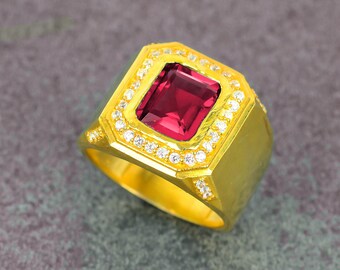 Unique Design Ruby Octogen Gemstone Ring For Men, 925 Silver Classic Style Ruby Anniversary Ring, 14k Gold Plated Ruby Jewelry Gift Husband.