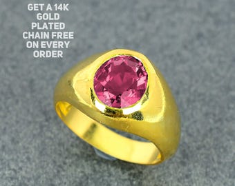 5ct Lab Pink Tourmaline Gemstone Ring, 14k Gold Plated Tourmaline Man Anniversary Ring, Handmade 925 Silver Pink Promise Ring, Gifted Him.
