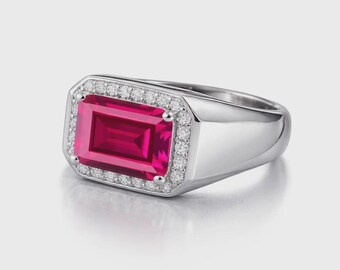 Red Ruby Octogen Signet Men's Ring- 925 Silver Handmade Ruby Gemstone Ring-Luxury Pink Ruby Bold Ring Gift for Men- Ruby Ring For Husband.