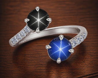 Gorgeous Blue Black Star Sapphire Toi Et Moi Ring-Lindy Blue Black Star 925 Silver Wedding Ring-Unique Combination Women Sapphire Ring Gift