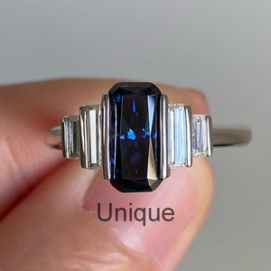 Vintage Blue Sapphire Gemstone Ring, Modern Sapphire 925 Silver Ring, Unique Women Sapphire Engagement Ring, Sapphire Baguette Ring.