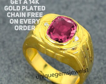 8x10mm Cushion Pink Tourmaline Gemstone Ring, Art Deco Tourmaline Men's Gold Plated Ring, 925 Silver Birthstone Ring, Pink Stone Ring Gift.