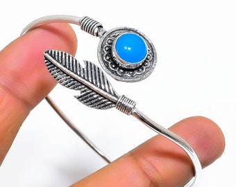 Bracelet de pierres précieuses calcédoine turquoise, bracelet manchette en argent sterling 925 fait main, bracelet de fiançailles réglable calcédoine, cadeau pour maman.