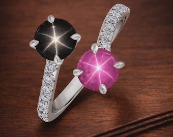 Bypass Black Star & Pink Star Toi Et Moi Ring- 2 Star Stone 925 Silver Ring-Black Pink Star Sapphire Engagement Adjustable Ring-Gift For Her