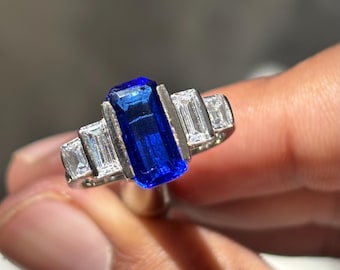 Unique Blue Sapphire Gemstone Ring, Modern Sapphire 925 Silver Ring, Women Blue Sapphire Valentine's Day Ring, Sapphire Baguette Ring Gift