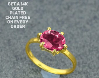 14k Gold Plated Statement Pink Tourmaline Ring, Good Quality 925 Solid Silver Ring, Faceted Pink Gemstone Romantic Ring, Fathers Day Ring.