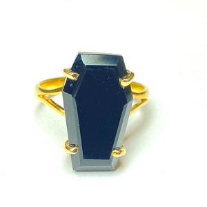 Vintage Black Onyx Gemstone Ring, Unique Anniversary Ring, Black Friendship Ring, 925 Sterling Ring, Coffin Yellow Gold Plated Ring Gift.