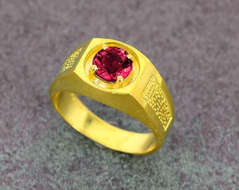 14k Gold Plated Round Red Gemstone Ring For Men, Most Luxurious Style Men's 925 Silver Anniversary Ring, 5ct Different Design Ruby Ring Men