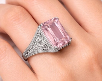 Art Deco Rose Quartz Signet Ring For Men-925 Solid Silver Engraved Rose Quartz Birthstone Ring-Stylish Design Octogen Quartz Men's Ring Gift