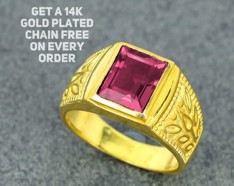 Stylish Pink Tourmaline Gemstone Ring Man, 14k Gold Plated Pink Stone Anniversary Ring, Handmade Statement 925 Silver Ring, Gift For Dad.