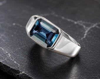 4ct Alexandrite Octogen Gemstone Men's Ring-925 Silver Alexandrite Signet Birthstone Ring-Handmade Blue Alex Stone Color Change Ring For Him