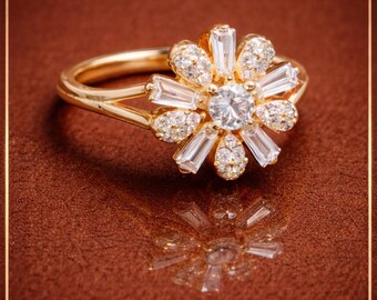 Luxury Baguette Moissanite Step Cut Cluster Anniversary Band With 14k Solid- Classic Baguette Moissanite Flower Bridal Ring-Hidden Halo Ring