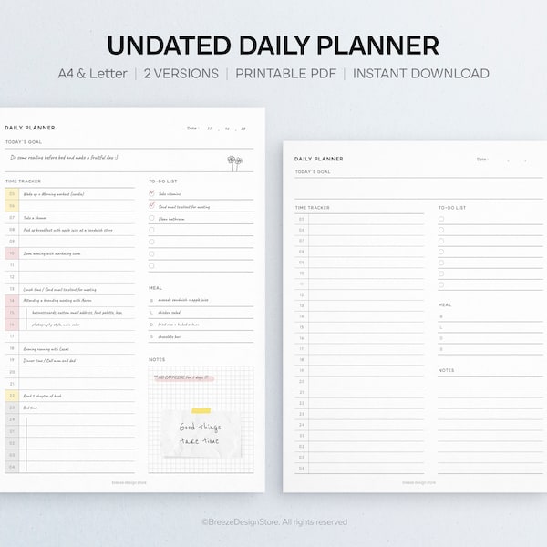 Undated Daily Planner Printable | A4 & Letter Daily Printable, Day on One Page, Planner Inserts, Time Tracker, Goal Planner, PDF Download