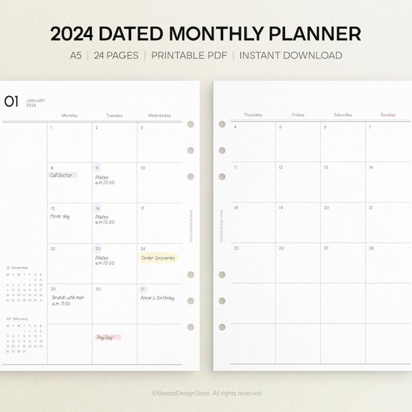 2024 Monthly Planner Printable | A5 Monthly Printable, Dated Planner, Month on Two Pages, 2024 Planner, Dated Monthly, MO2P, PDF Download