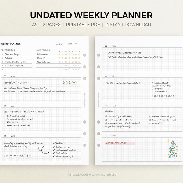 Undated Weekly Planner Printable | A5 Weekly Printable, Week on Two Pages, Planner Inserts, with Habit Tracker, WO2P, PDF Download