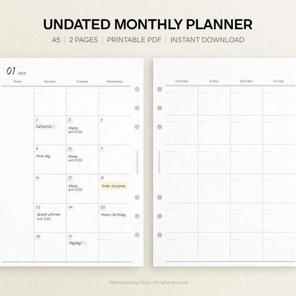 Undated Monthly Planner Printable | A5 Monthly Printable, Month on Two Pages, Planner Inserts, Blank Calendar with Notes, MO2P, PDF Download