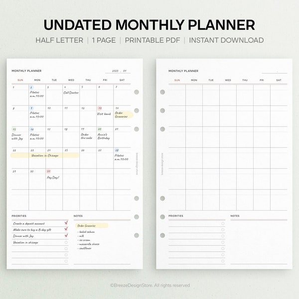 Undated Monthly Planner Printable | Half Letter Monthly Printable, Month On One Page, Inserts, Blank Calendar with Notes, MO1P, PDF Download